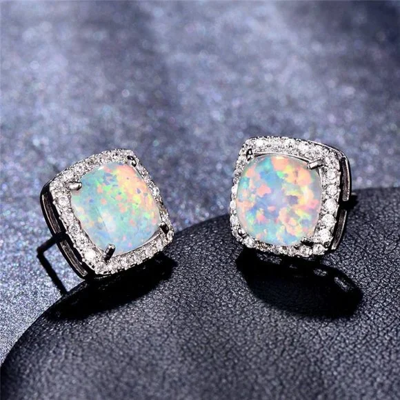 NEW White Gold White Opal Diamond Halo Earrings - Picture 3 of 6